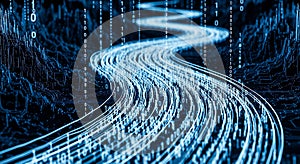 Digital Stream of Binary Code Data Flowing on a Futuristic Circuit Board Background