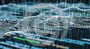 Abstract programming code forms a glowing wave