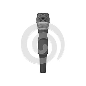 Dynamic vocal microphone. Professional sound recording equipment. Gray handheld mic. Flat vector icon