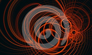 Dynamic vortex of red glowing circles in dark 3d space. Rushing blowing up curves in fiery digital phantasmagoria.