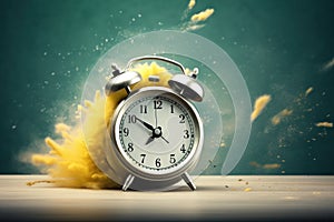 dynamic wake-up concept, vintage alarm clock ringing and exploding into dust bright fragments