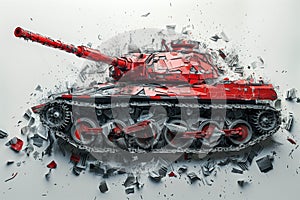 Dynamic watercolor image of a military tank made from newspaper clippings.