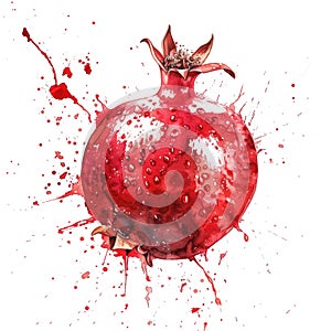 A dynamic watercolor painting of a pomegranate cut open with seeds