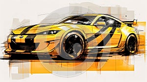 A dynamic watercolor sketch of a sleek sports car with yellow gray lines