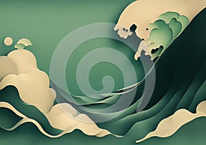 Dynamic wave in dark green, the texture of Japanese paper modern retro traditional Japanese style design. photo
