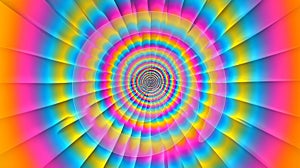 Dynamic whirl motion optical illusion with bright colored spiraling square moire pattern