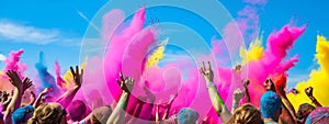 Dynamic wide-angle shot of a colorful powder explosion at a Holi festival with a crowd of happy participants.