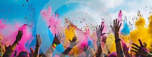 Dynamic wide-angle shot of a colorful powder explosion at a Holi festival with a crowd of happy participants.