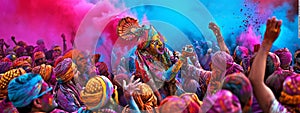 Dynamic wide-angle shot of a colorful powder explosion at a Holi festival with a crowd of happy participants.