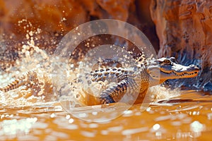 Dynamic Wildlife Photo of an Action Packed Alligator Splashing in Murky Water with Vivid Sunlight Reflections