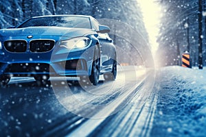 Dynamic winter ride, Blue car moves fast on snowy road, snowflakes and motion blur