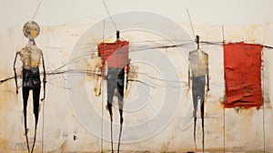 Dynamic Wire Art Drawing Of Three Men In Red And Black photo