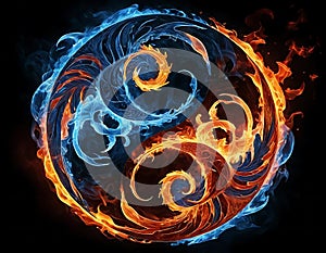 Dynamic Yin Yang Symbol Merging Elements of Fire and Ice