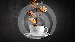 Dynamic zero-gravity coffee-pour with floating croissant and mug.