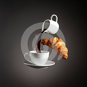 Dynamic zero-gravity coffee-pour with floating croissant and mug.