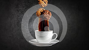 Dynamic zero-gravity coffee-pour with floating croissant and mug.
