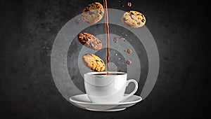 Dynamic zero-gravity coffee-pour with floating croissant and mug.