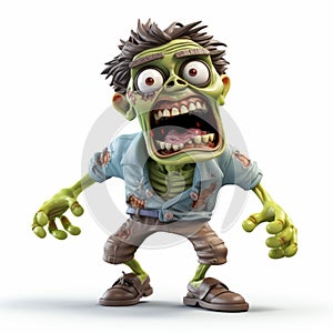 Dynamic Zombie Monster In Blue Shirt And Shorts - 3d Render Cartoon