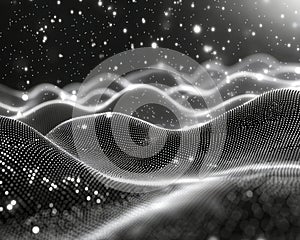 Abstract digital wave and particle visualization in black and white