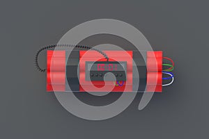 Dynamite bomb with digital timer on black background. Countdown and deadline. Top view