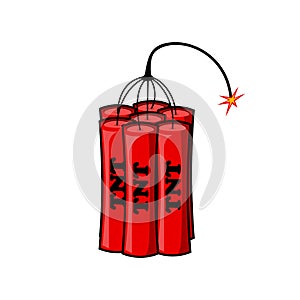 Dynamite, bomb with fire isolated on white background. Explosion. Danger weapon. Vector cartoon design