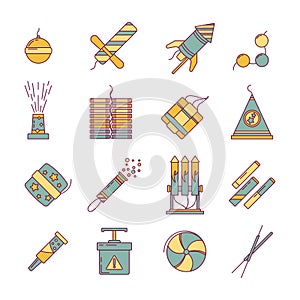 Dynamite, bomb, fireworks and other pyrotechnics tools. Vector linear illustration