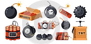 Dynamite and bombs. Cartoon military explosive devices, military grenade and tnt bomb with timer fuse, danger bang
