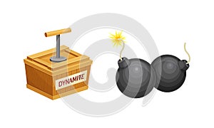 Dynamite Box and Round Black Bomb as Explosive Material with Ignited Cable or Fuse Vector Set