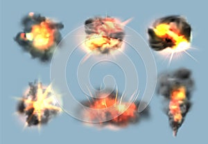 Dynamite exploded effects. Realistic bomb explosion with fire and smoke clouds vector collection