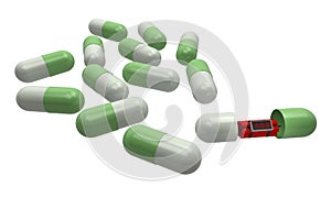 Dynamite inside the capsule pills 3d rendering