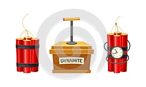 Dynamite Red Stick and Box as Explosive Material with Blasting Cap and Cable or Fuse Vector Set