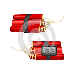 Dynamite Red Stick and Timer as Explosive Material with Blasting Cap and Cable or Fuse Vector Set
