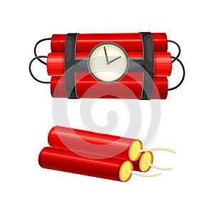 Dynamite Red Stick and Timer as Explosive Material with Blasting Cap and Cable or Fuse Vector Set