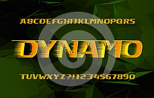 Dynamo alphabet font. High speed effect letters and numbers. Abstract background.