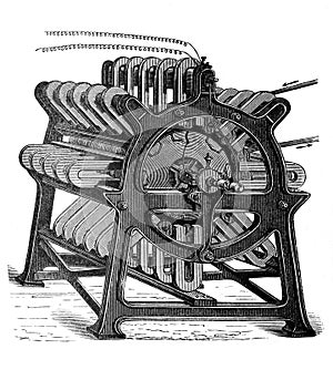 Dynamo machine dynamo electric - Compagnie L `Alliance 1859 / vintage illustration from Brockhaus Konversations-Lexikon 1908 photo