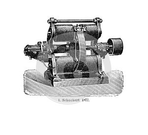 Dynamo machine dynamo electric Electricity machine  1877 Schuckert / vintage illustration from Brockhaus Konversations-Lexikon 1