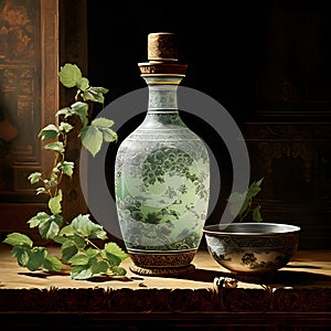 In Dynasty era painting style, a bottle of mint oil is depicted with intricate and ornate patterns that encase the vessel.