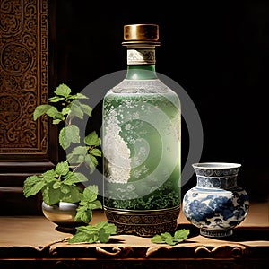 In Dynasty era painting style, a bottle of mint oil is depicted with intricate and ornate patterns that encase the vessel.