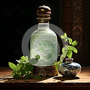 In Dynasty era painting style, a bottle of mint oil is depicted with intricate and ornate patterns that encase the vessel.