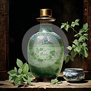 In Dynasty era painting style, a bottle of mint oil is depicted with intricate and ornate patterns that encase the vessel. photo