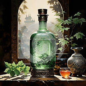 In Dynasty era painting style, a bottle of mint oil is depicted with intricate and ornate patterns that encase the vessel.