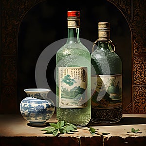 In Dynasty era painting style, a bottle of mint oil is depicted with intricate and ornate patterns that encase the vessel.