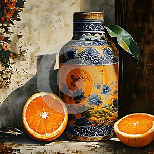 In the Dynasty era painting style, a bottle of orange juice is depicted in a striking manner.
