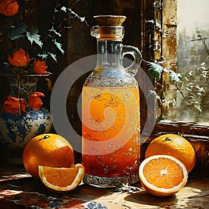 In the Dynasty era painting style, a bottle of orange juice is depicted in a striking manner.