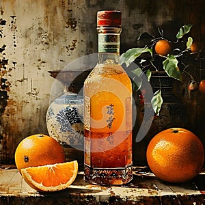 In the Dynasty era painting style, a bottle of orange juice is depicted in a striking manner.