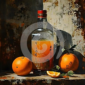 In the Dynasty era painting style, a bottle of orange juice is depicted in a striking manner.