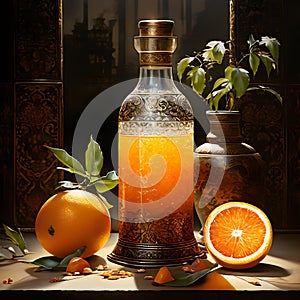 In the Dynasty era painting style, a bottle of orange juice is depicted in a striking manner.