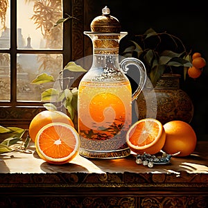 In the Dynasty era painting style, a bottle of orange juice is depicted in a striking manner.