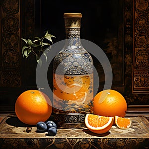 In the Dynasty era painting style, a bottle of orange juice is depicted in a striking manner.