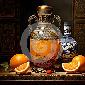 In the Dynasty era painting style, a bottle of orange juice is depicted in a striking manner. photo